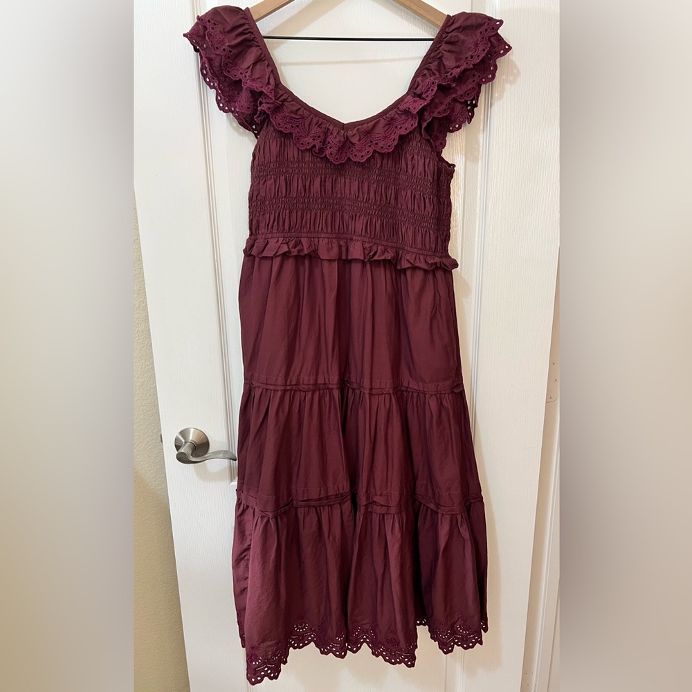 Madewell Lucie Women’s Cottagecore Cotton Embroidered Maroon Midi Dress 4P